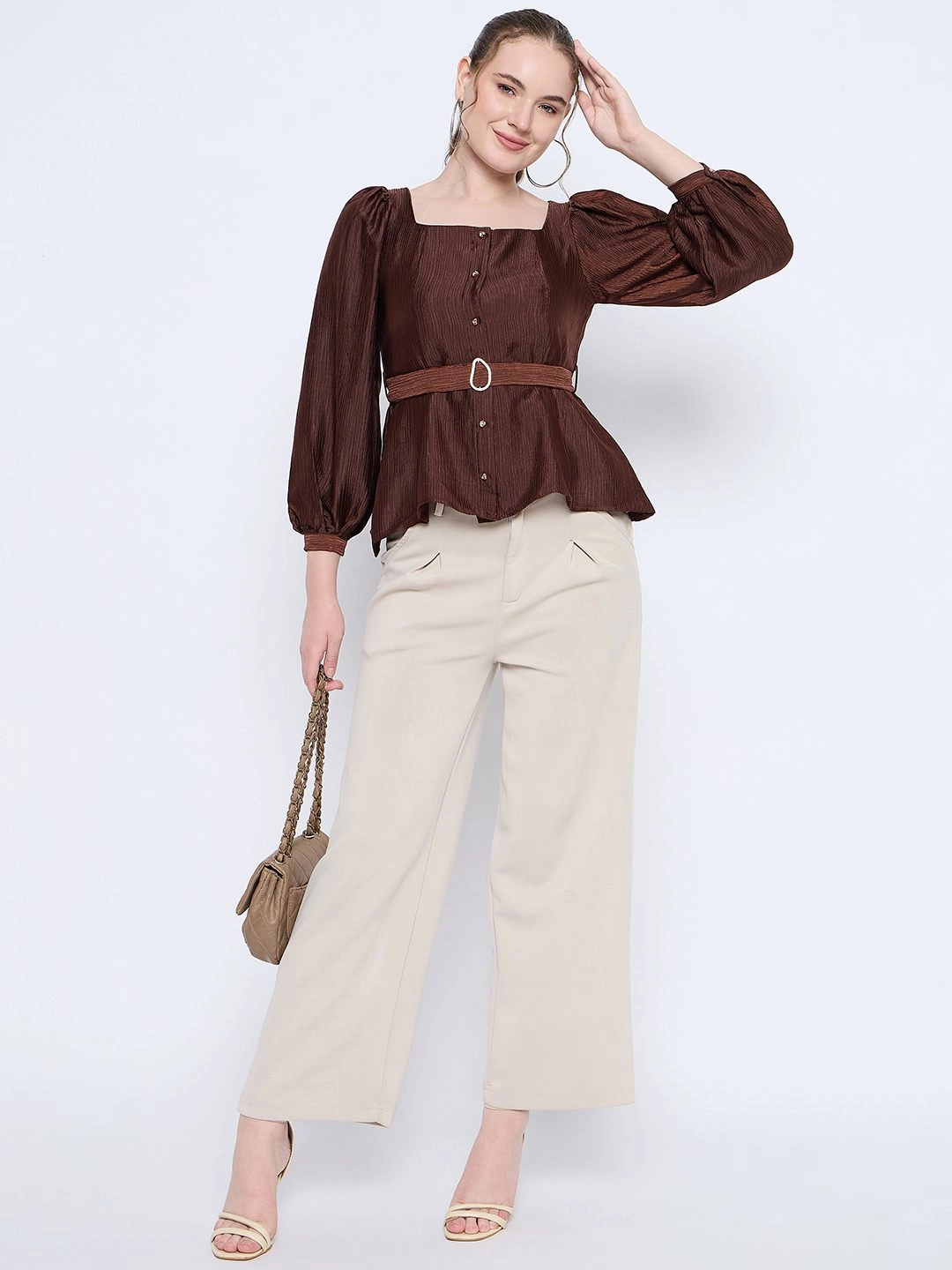 Madame Brown Rayon Blend Square Neck Belted Button Front Top SoftKnit AntiPill Texture