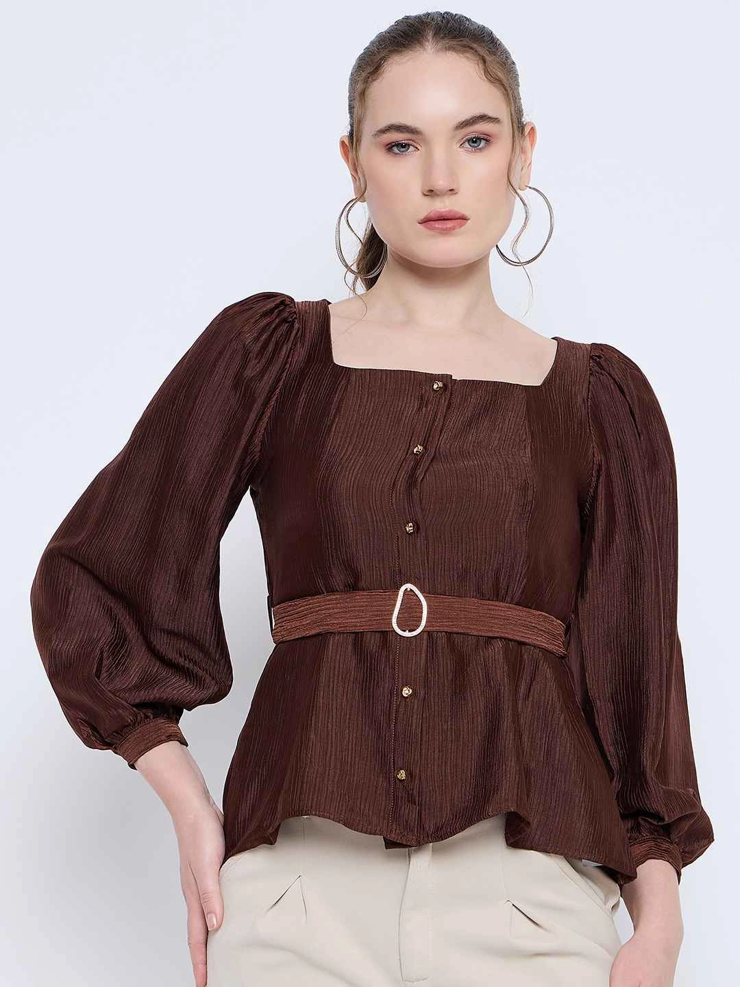 Madame Brown Rayon Blend Square Neck Belted Button Front Top MultiPanel Design