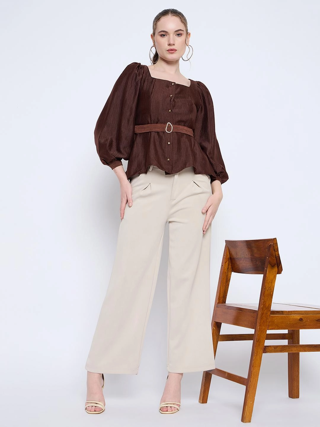 QuickDry Textile SeamlessConstruction Madame Brown Rayon Blend Square Neck Belted Button Front Top