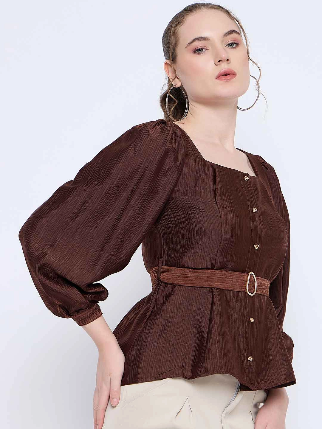 Madame Brown Rayon Blend Square Neck Belted Button Front Top OdorResistant Fabric