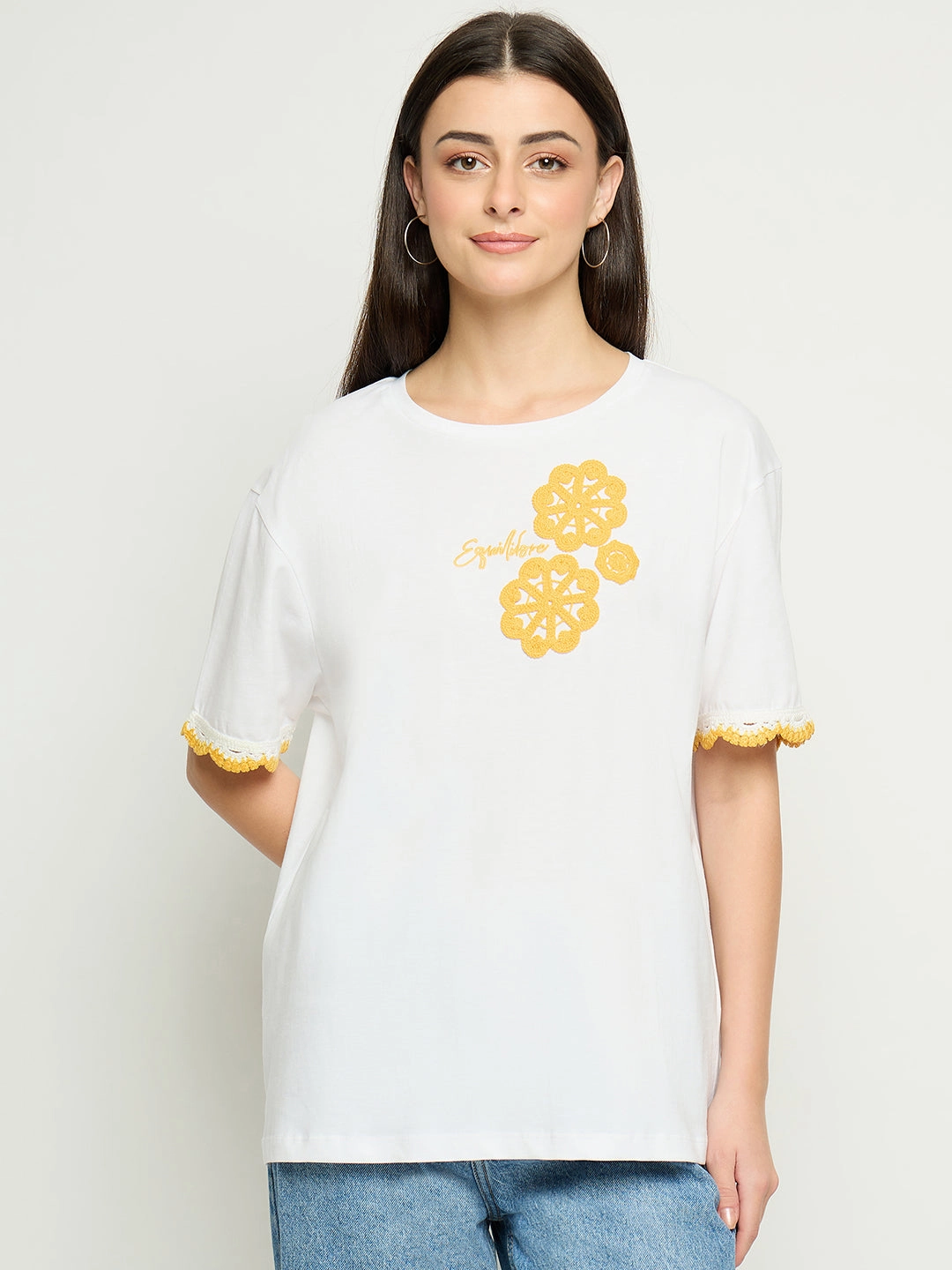 Biodegradable Fiber Blend Madame Embroidered White Cotton T-Shirt