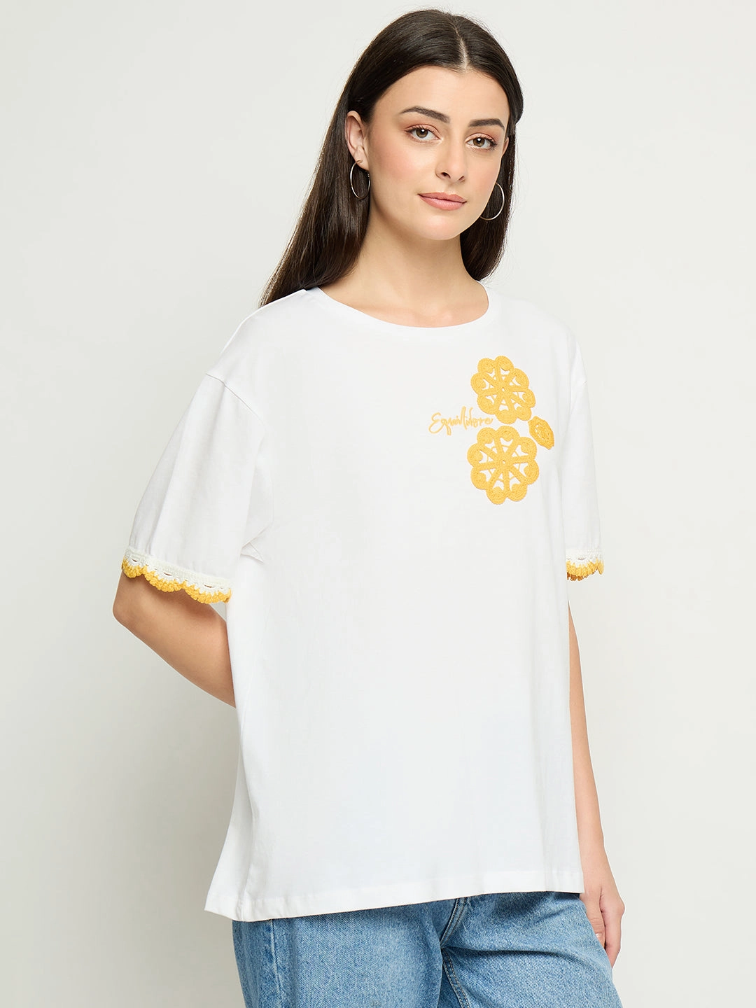 Multipanel Construction Madame Embroidered White Cotton T-Shirt