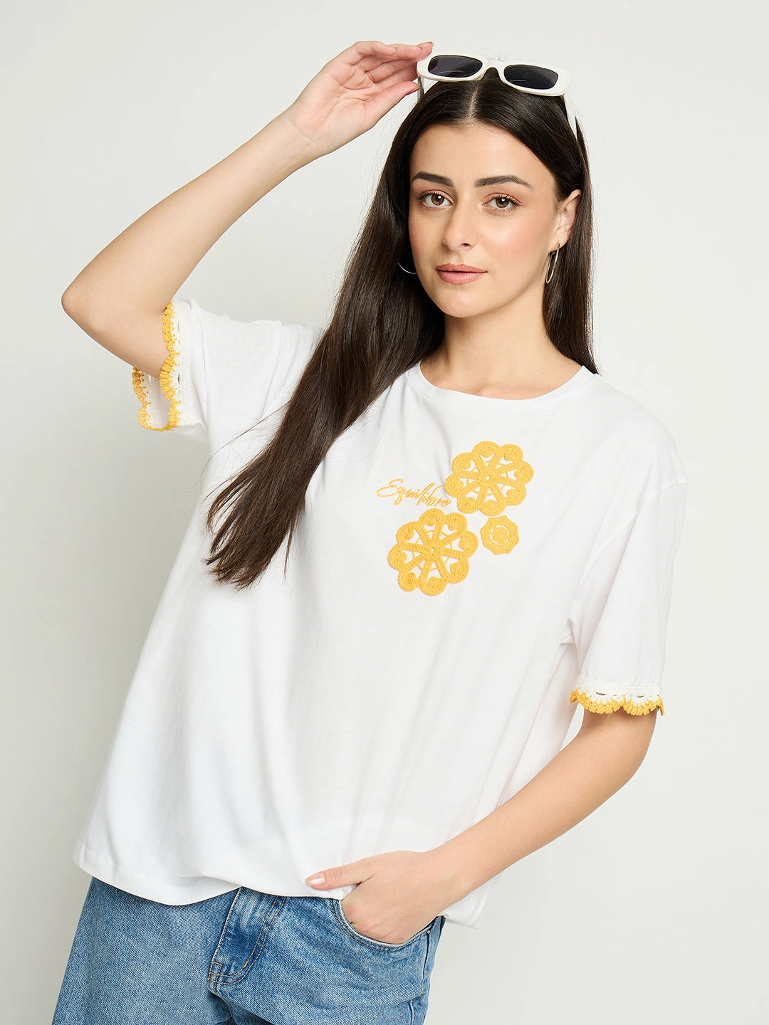 Reflective details Madame Embroidered White Cotton T-Shirt