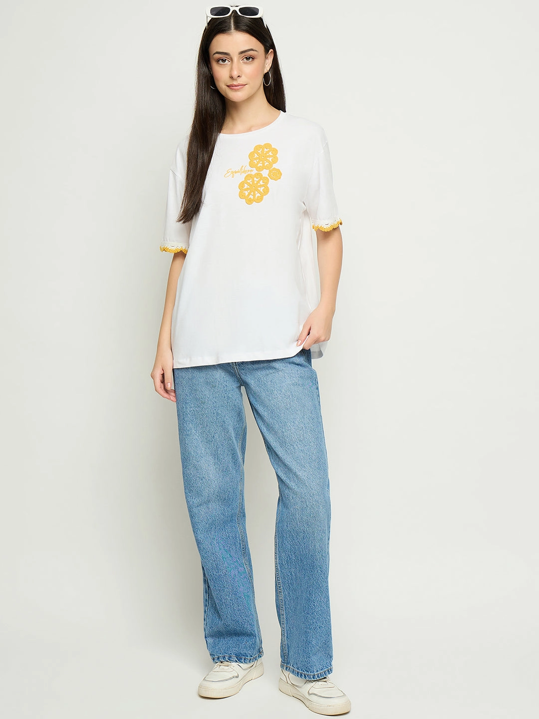 Madame Embroidered White Cotton T-Shirt Biodegradable Fiber Blend HighCollar Design