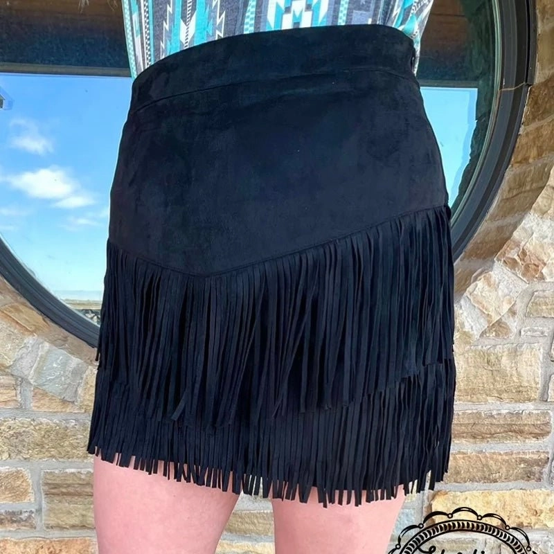 Sterling Kreek Fort Worth Black Fringe Skirt work mode NonBindingWaistline