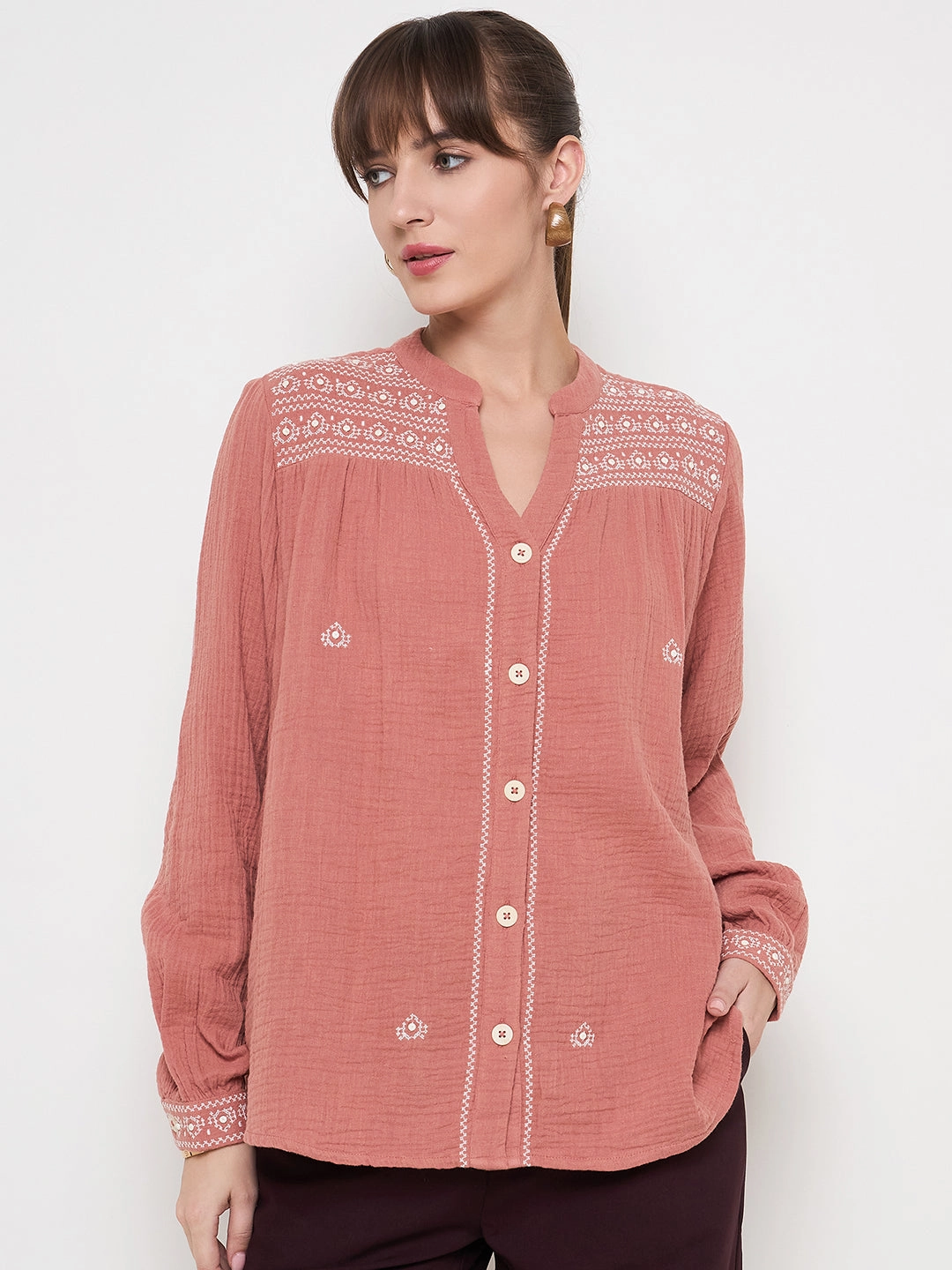 Classic Hoodie DoubleStitching Madame Cotton Embroidery Detailed Rust Red Top