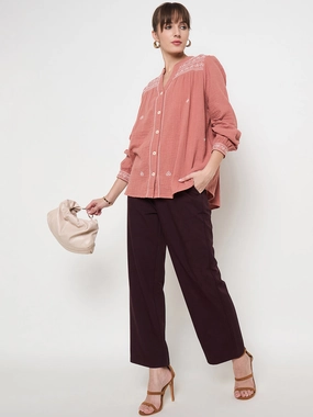 Madame Cotton Embroidery Detailed Rust Red Top Eco Friendly Dye Process Ultra Soft Texture