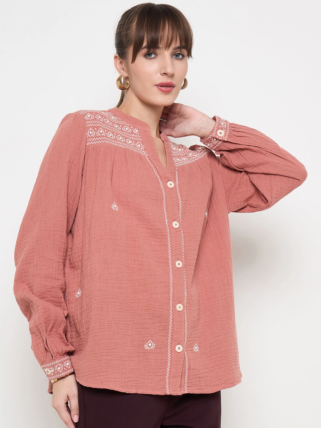 Madame Cotton Embroidery Detailed Rust Red Top Multi Pocket Functional Design 3D Spacer Fabric