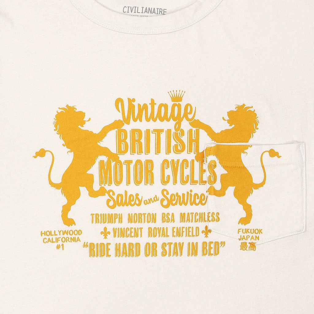 Tactile Soft Texture "British Moto" Short Sleeve Pocket Crew Neck Tee - White Sand