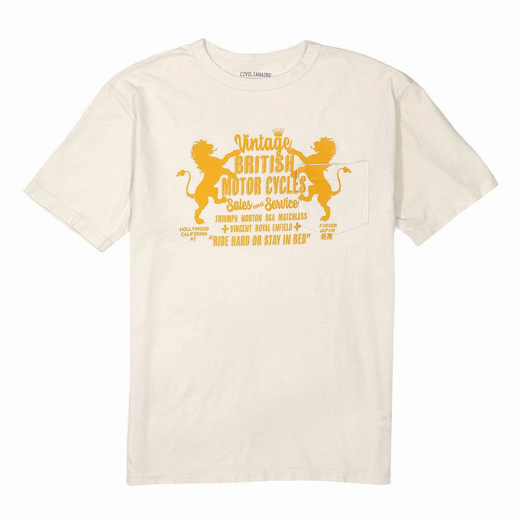 "British Moto" Short Sleeve Pocket Crew Neck Tee - White Sand Reinforced Elbow Patches