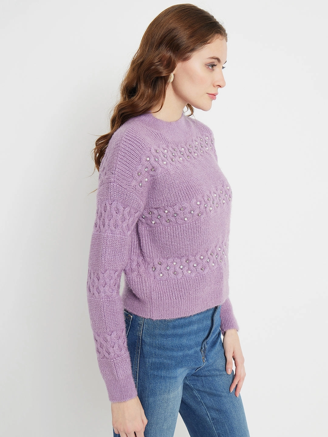 Madame Cable Knit Embellished Lilac Sweater Warm Base