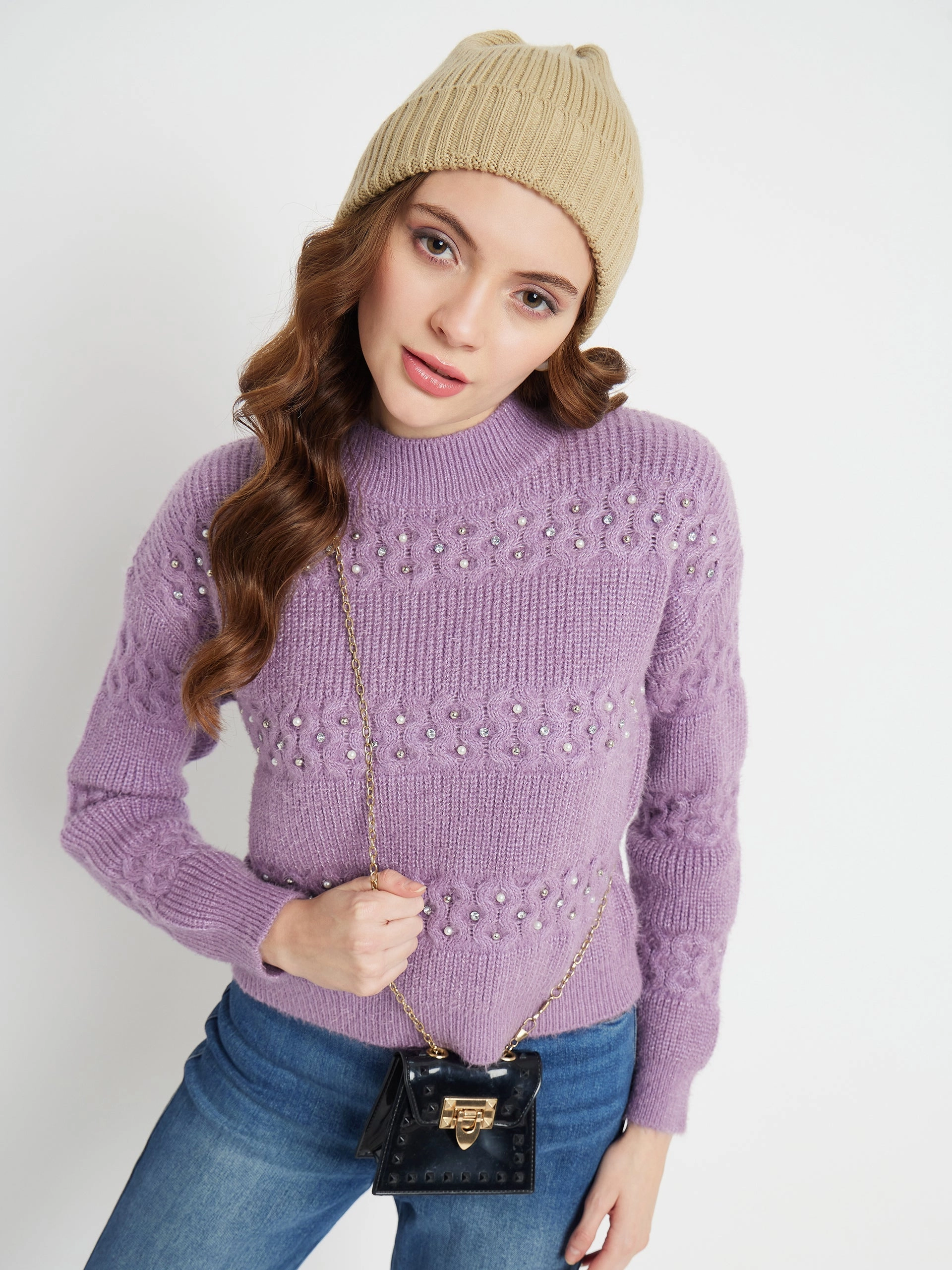Breathable layers Warm & Soft Madame Cable Knit Embellished Lilac Sweater