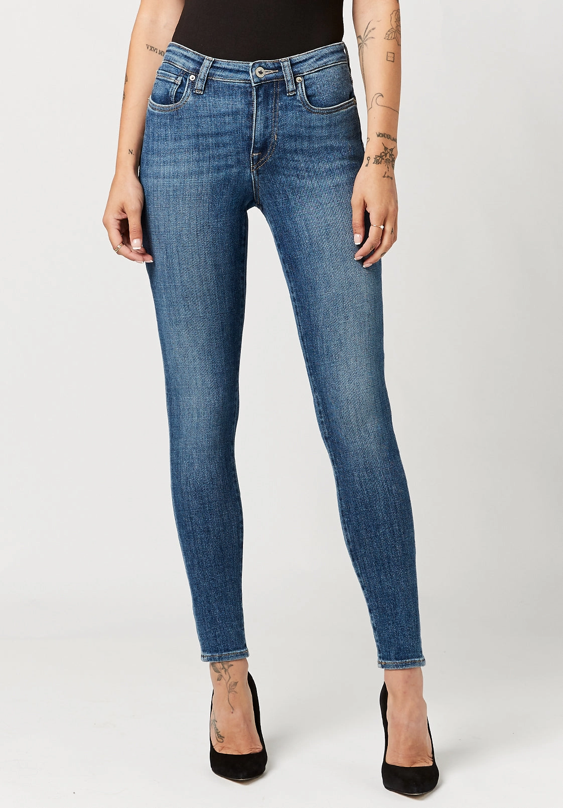 Mid Rise Skinny Alexa Women's Jeans in Sanded Mid Blue - BL15749 Office Wear Chill Outfit Date Night High-waisted