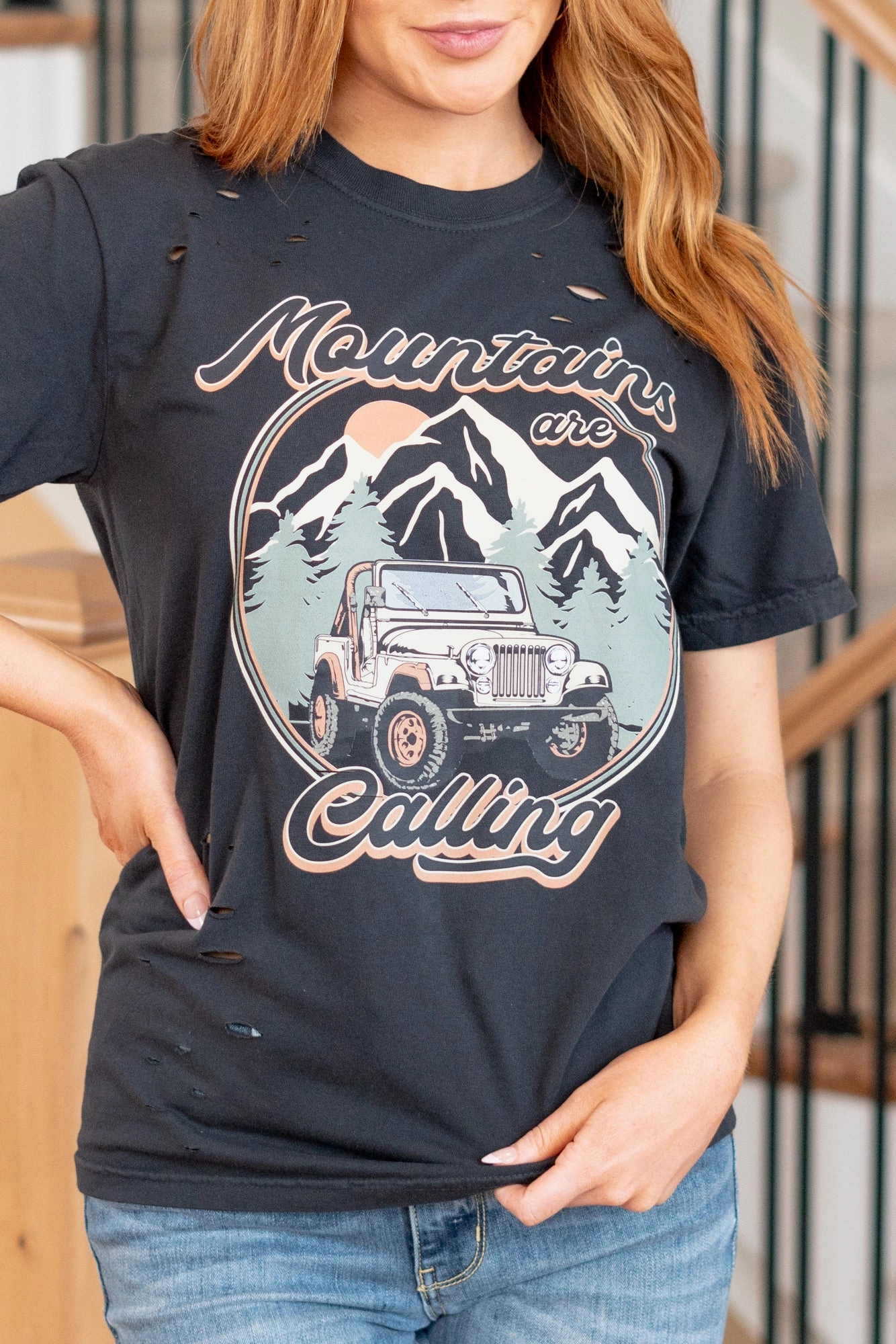 Mountains Are Calling Distressed Graphic  - Black T-Shirt ReinforcedHems