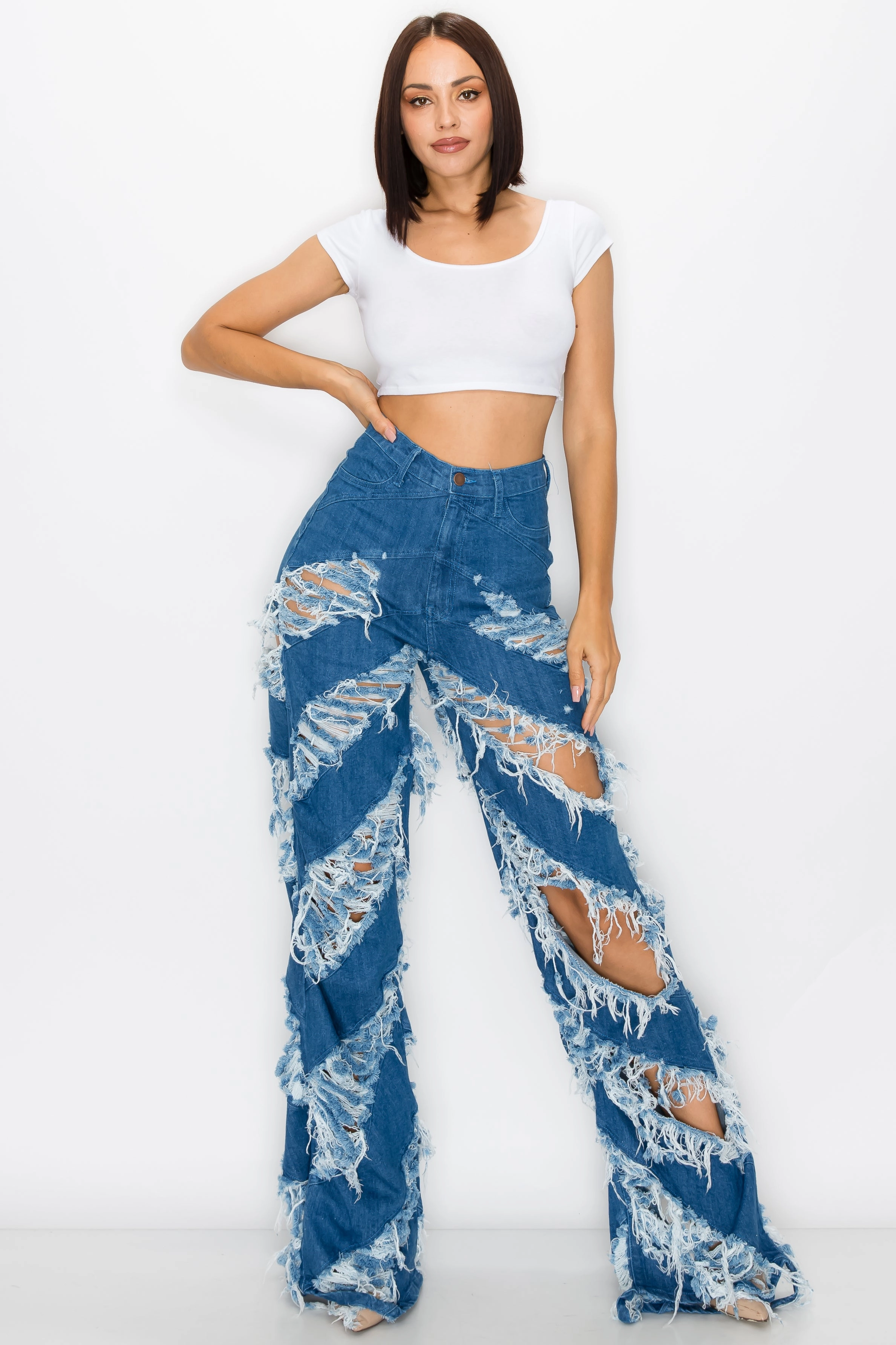 Fashion Lover Outdoor Enthusiast Durable Build 40272 Women's High Waisted Flare Jeans with Frayed Diagonal Leg Openings