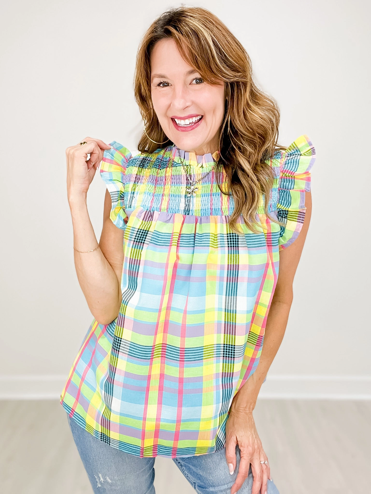 TearResistantWeave FullCut Shoulder Multi-Color Check Plaid Sleeveless Ruffle Top
