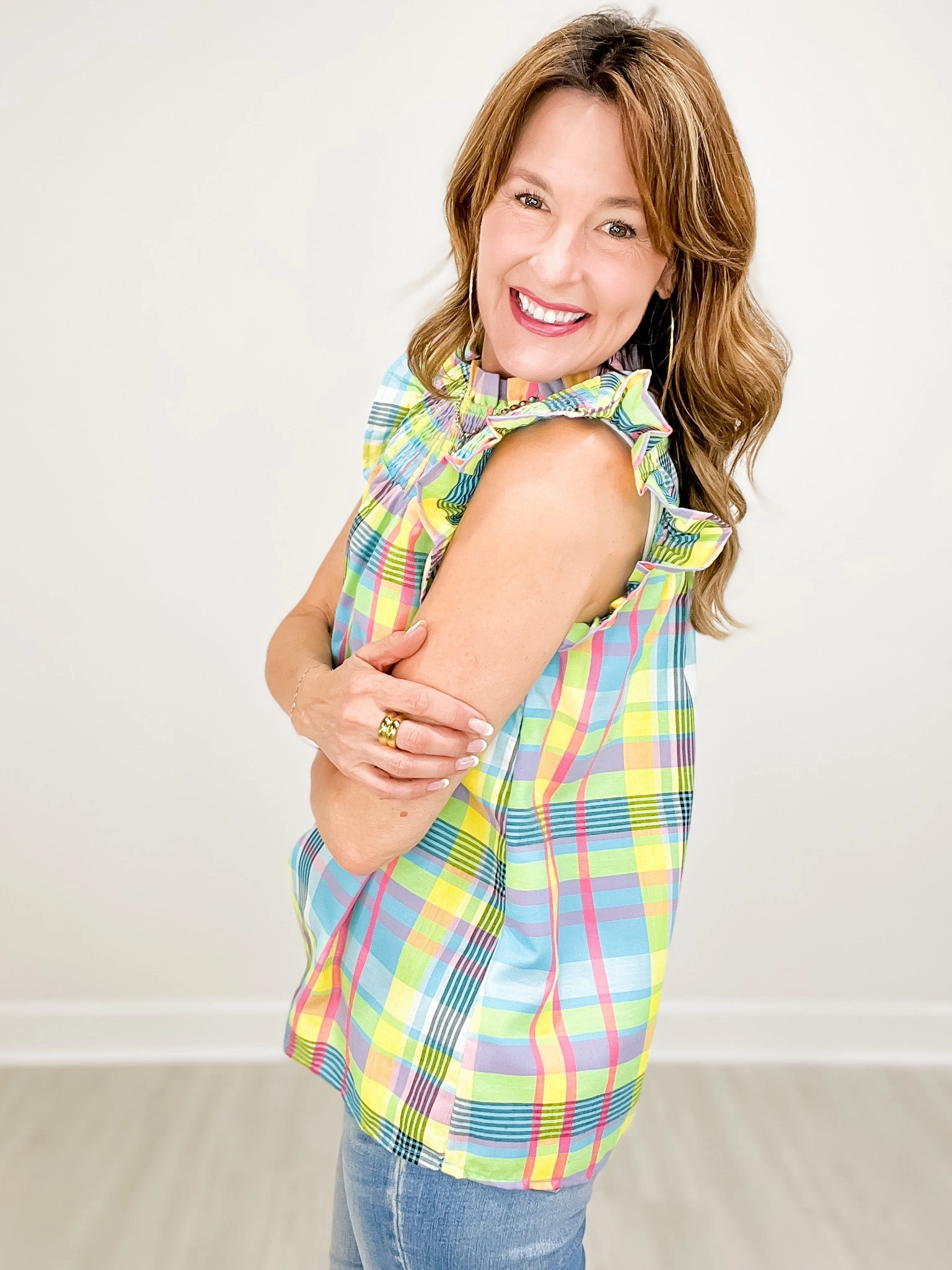 Sporty Hoodie Organic Cotton Blend Multi-Color Check Plaid Sleeveless Ruffle Top