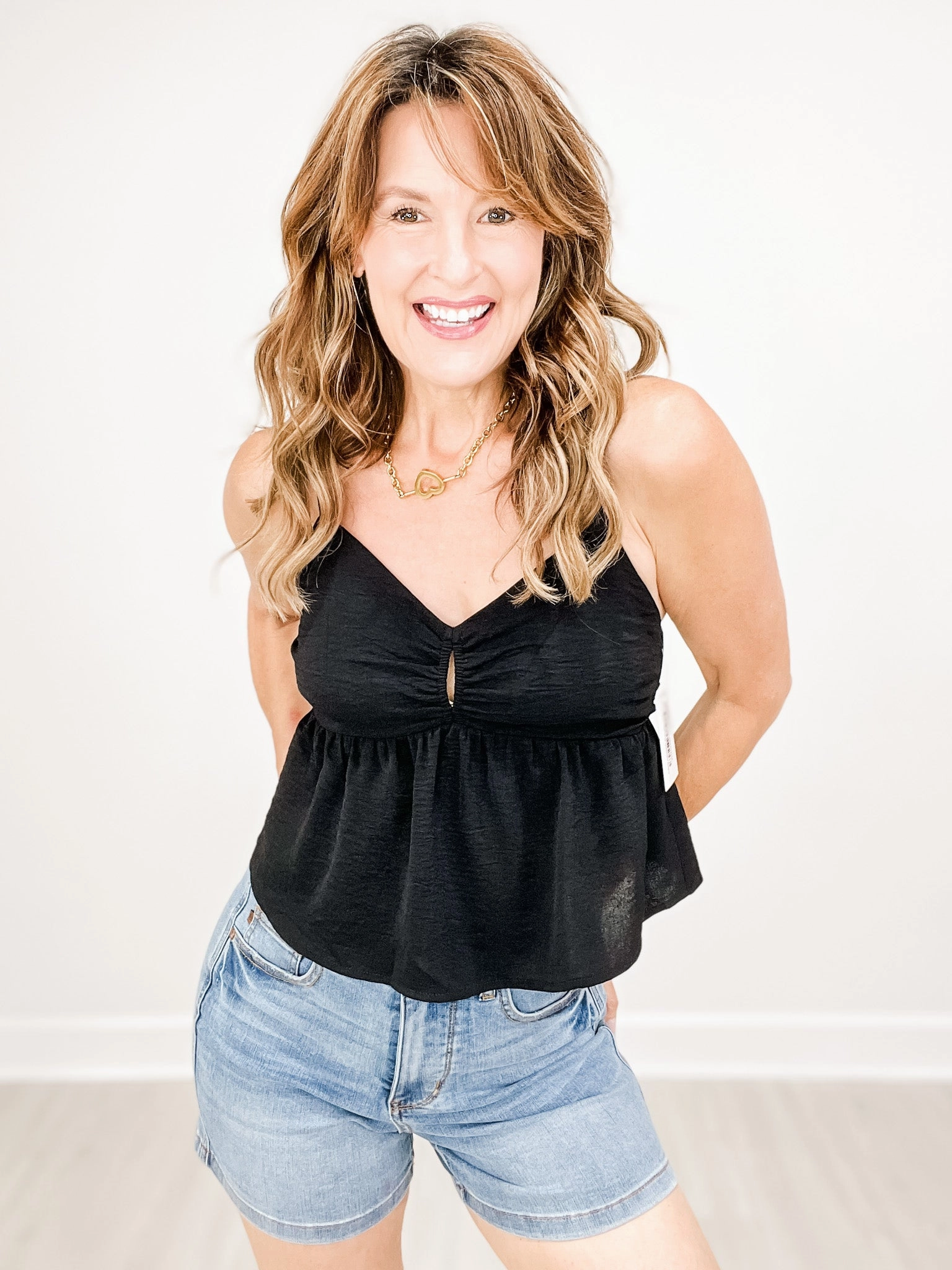 O-Ring Adjustable Strap Baby Doll Top Tailored Seams