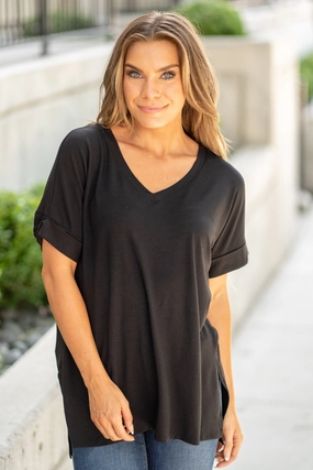 Casual Chic Super Soft  High Low Hem V Neck Top - Black T-Shirt