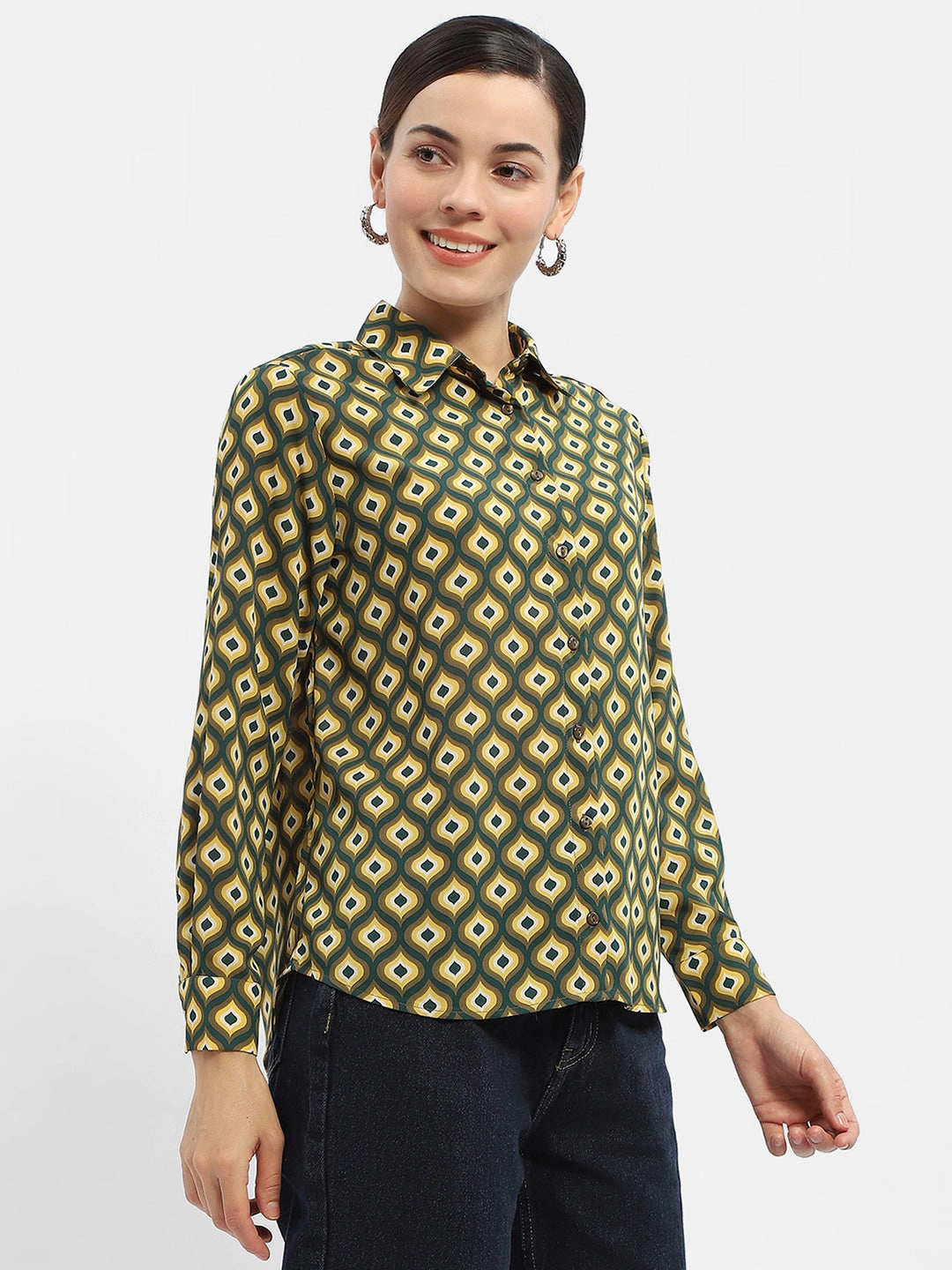 Madame Geometric Print Mustard Yellow Regular Shirt Soft Stretch Collar Essential Layer