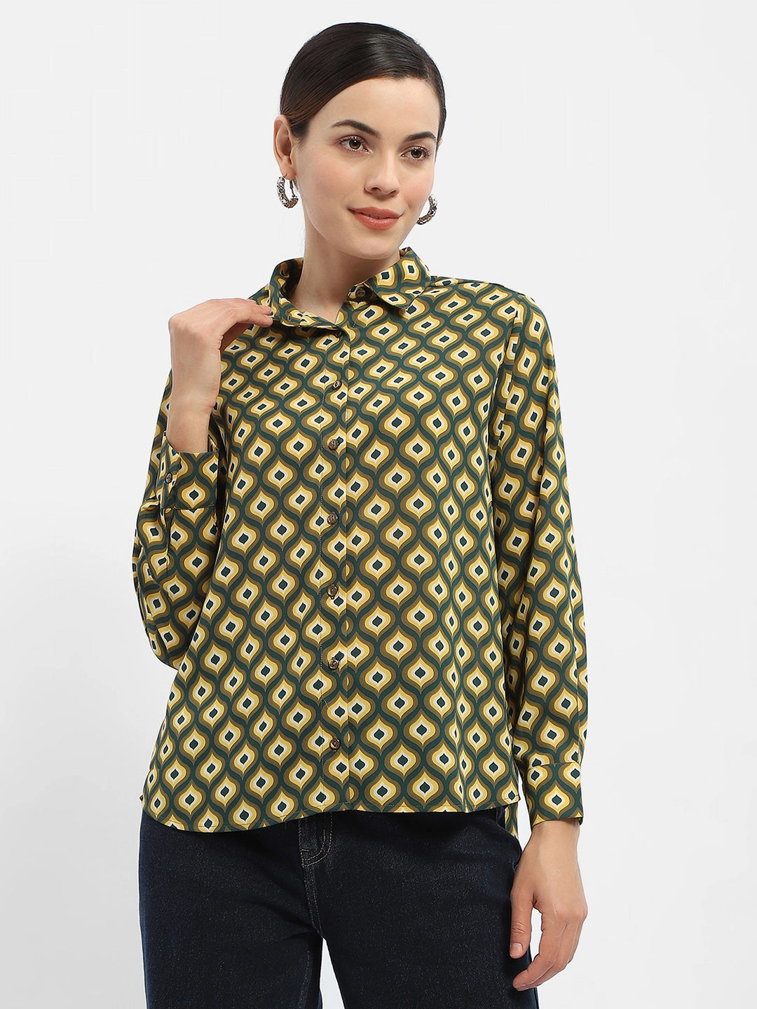 Anti Static Treatment Madame Geometric Print Mustard Yellow Regular Shirt