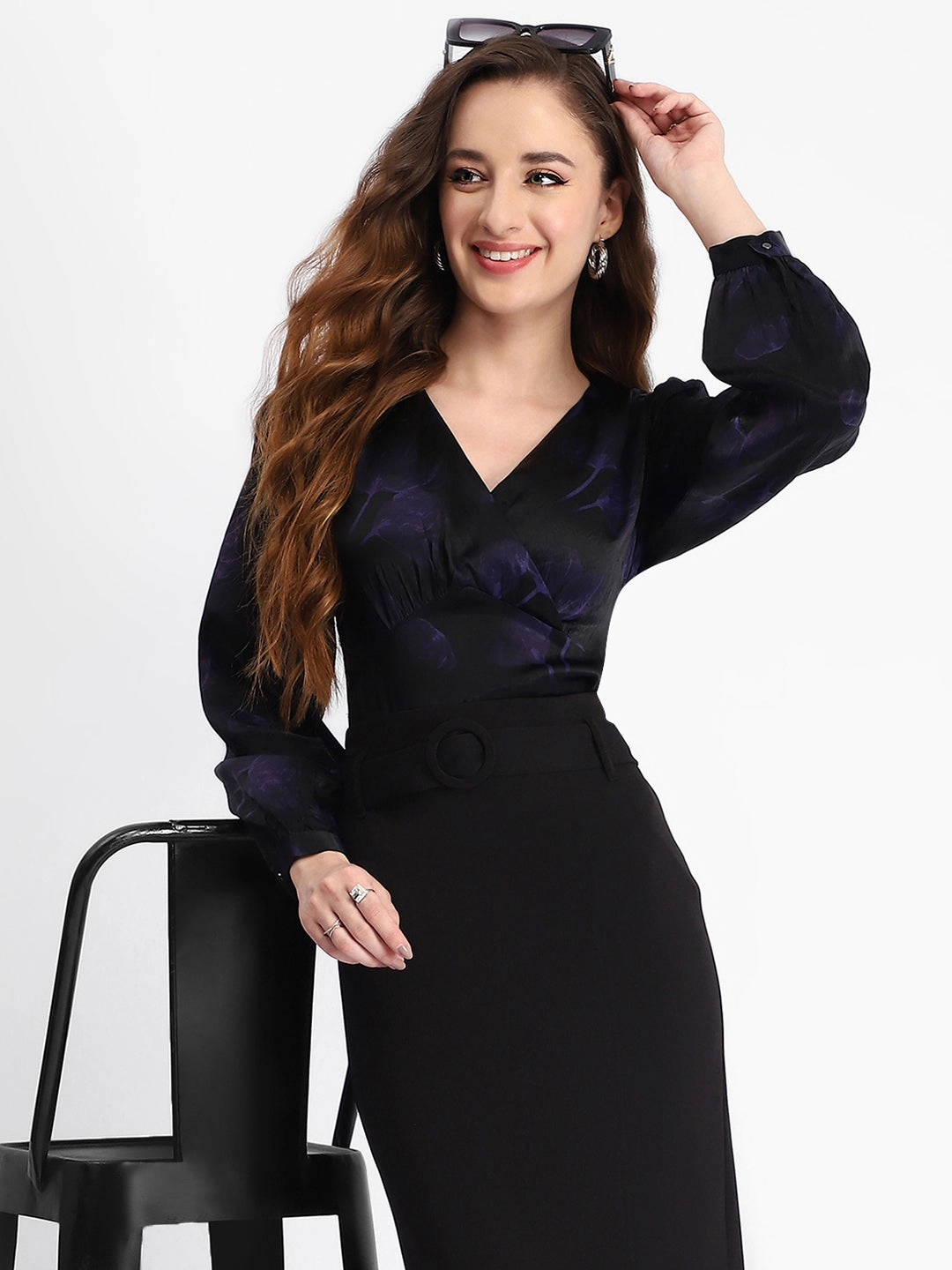 DoubleStitchedSeams SubtleTexture Madame Self Design Wrap Style Front Bishop Sleeve Black Top