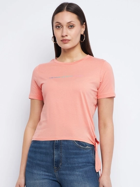 Madame Typography Peach Side Knotted Top Stretch Fit Engineering