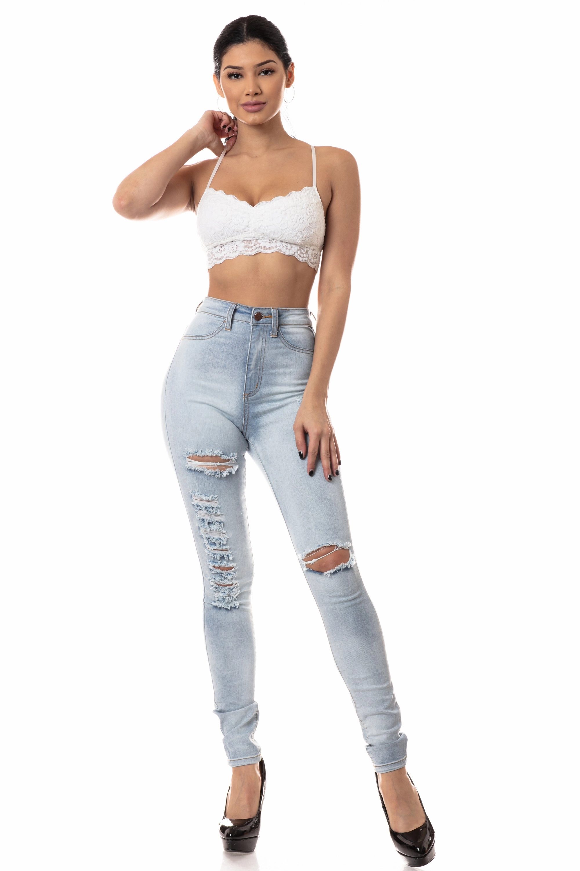 Premium Look 4544 Women's High Waisted Washed Down Distressed Skinny Jeans