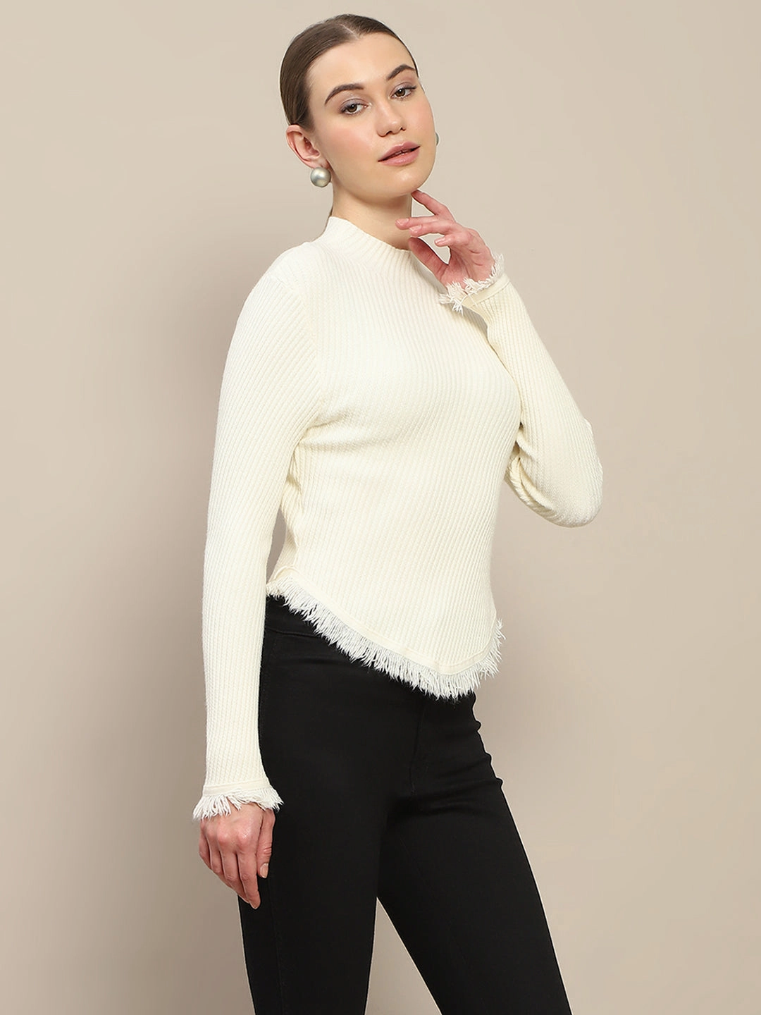 Classic Crew Neck Casual Comfort Wear Madame Fur Cuffs and Hem Beige Sweater