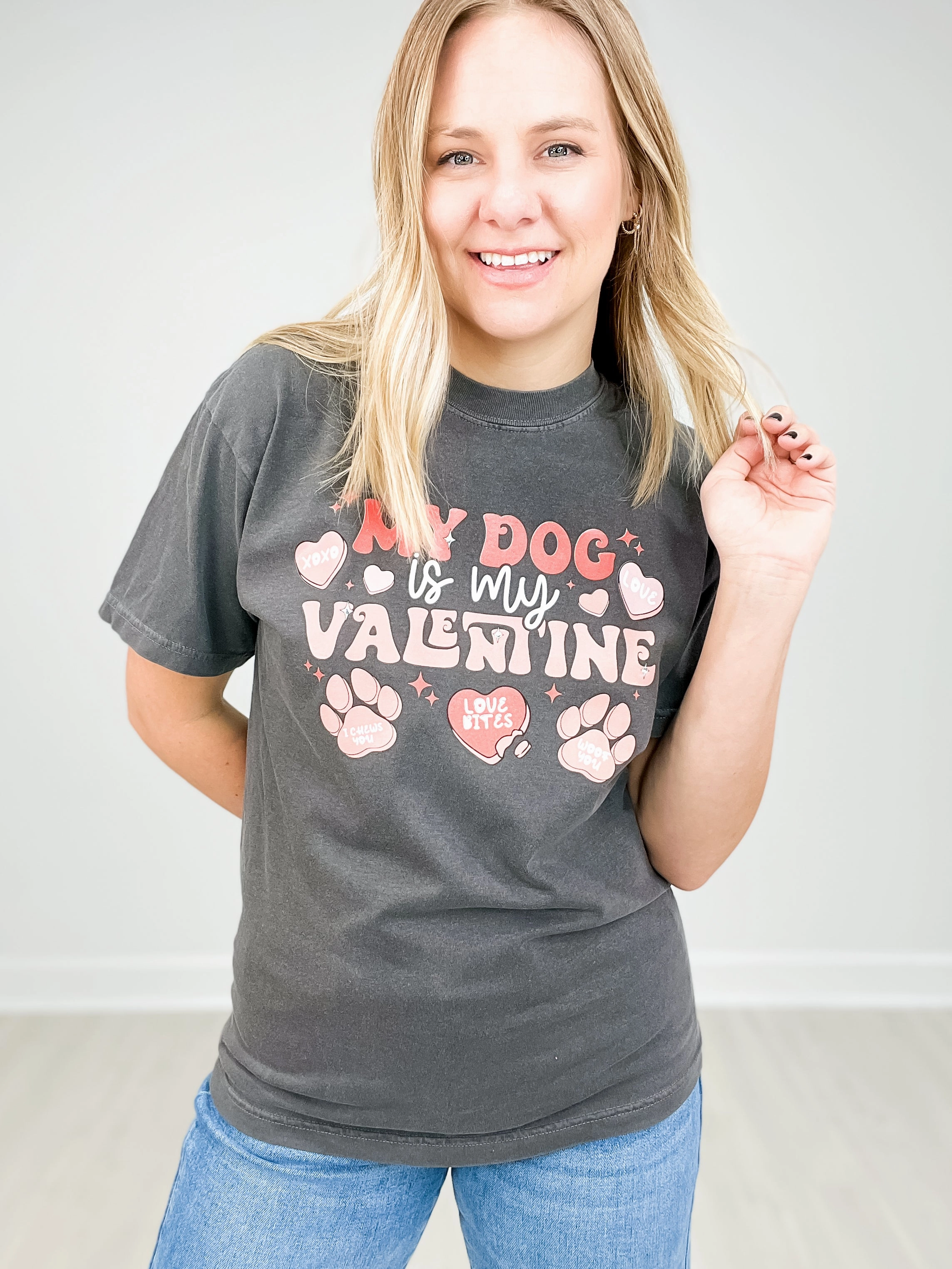 My Dog Is My Valentine Rhinestone Graphic Top Button Down Collar SecurePockets