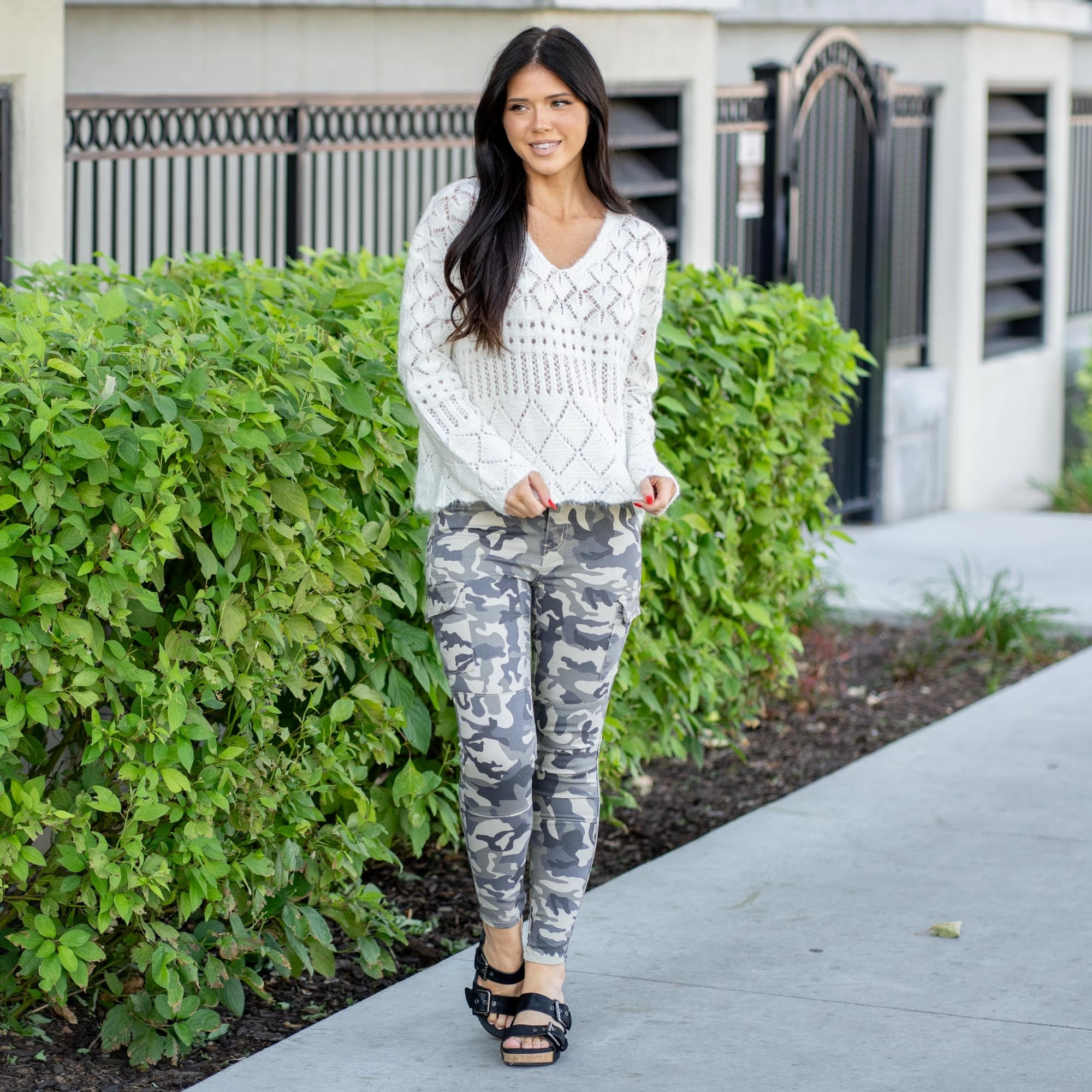 Hem & Thread Marlowe Open Crochet V-Neck Crop Sweater White Eco Friendly Dye Process