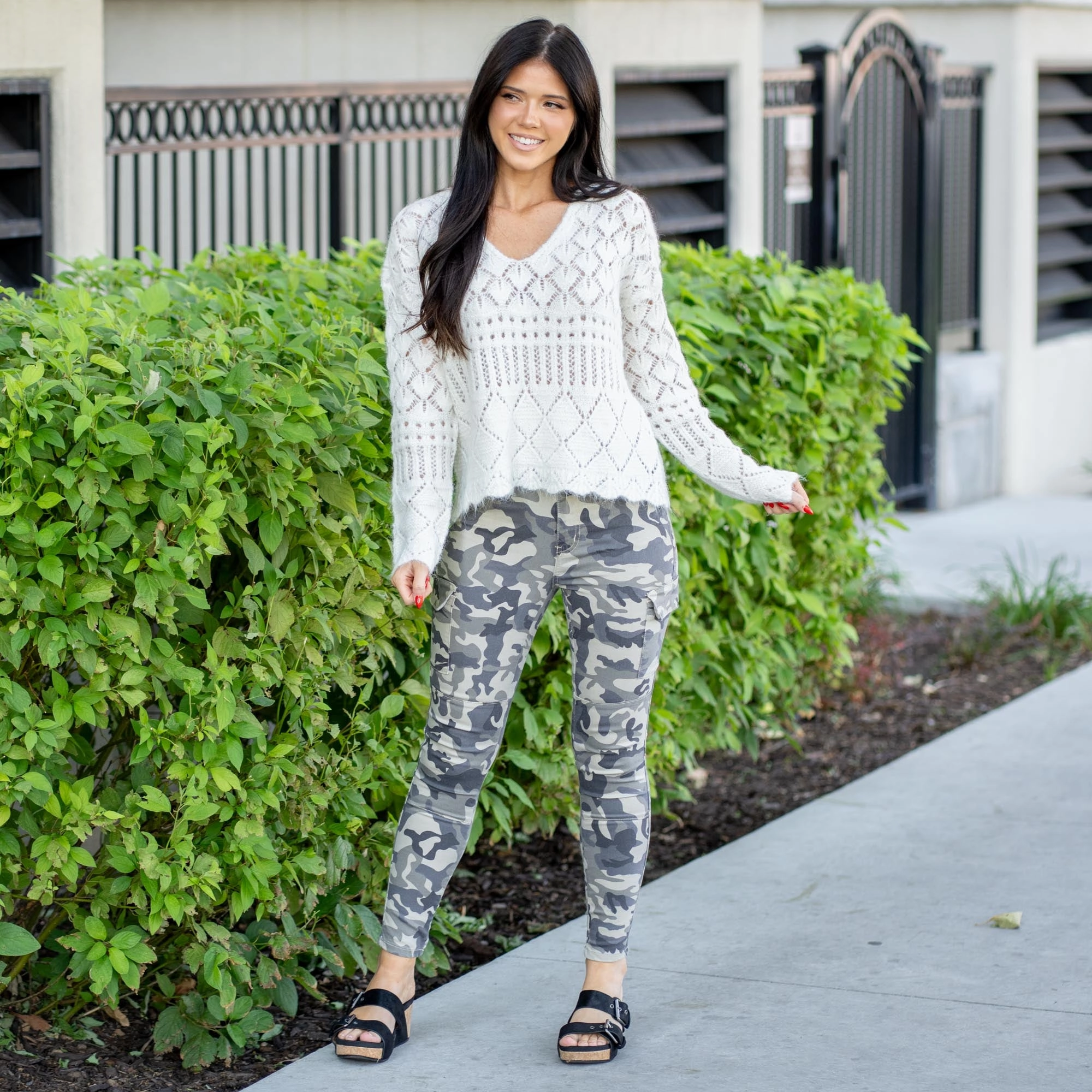 Hem & Thread Marlowe Open Crochet V-Neck Crop Sweater White Stretchable Design Comfy Layers