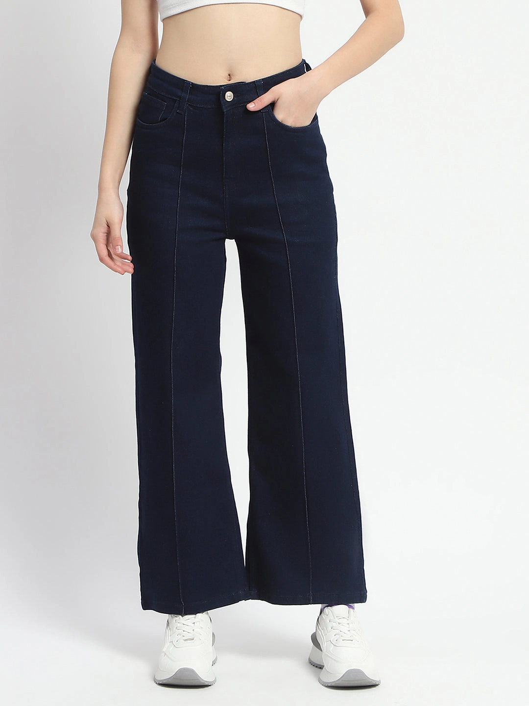 Winter Warmth Sustainable Fitted Comfort Madame Cotton Blend Single Pleat Wide Leg Dark Blue Denim Jeans