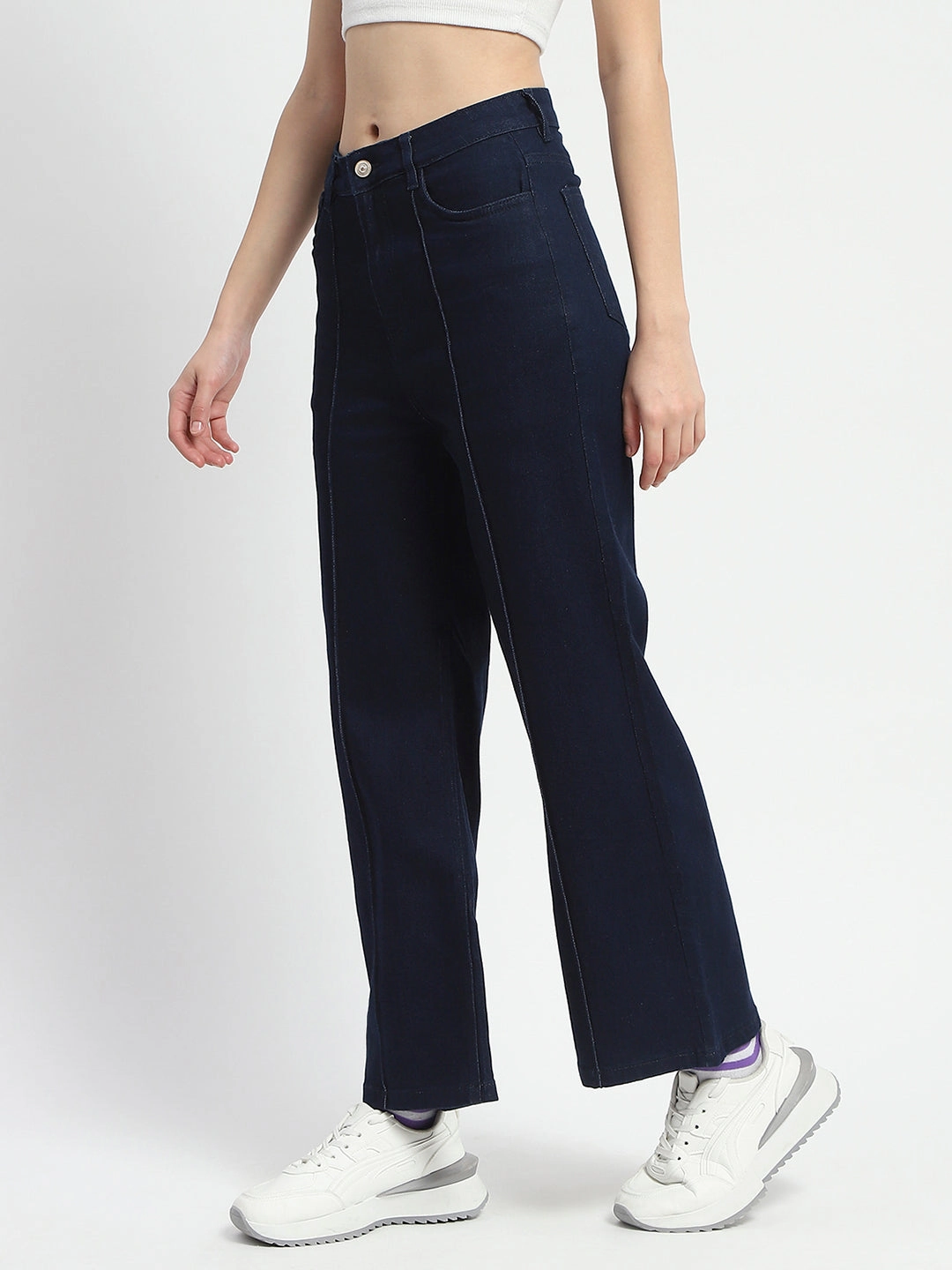 Madame Cotton Blend Single Pleat Wide Leg Dark Blue Denim Jeans Flexible Fit