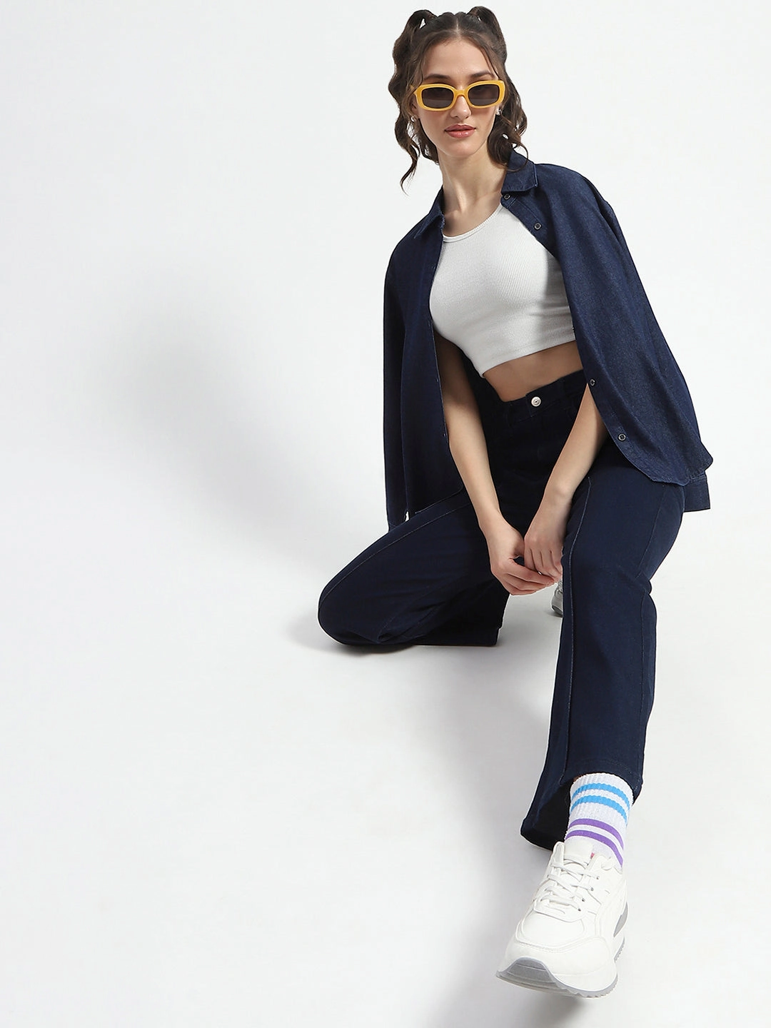 Madame Cotton Blend Single Pleat Wide Leg Dark Blue Denim Jeans Daily Basic Plain style