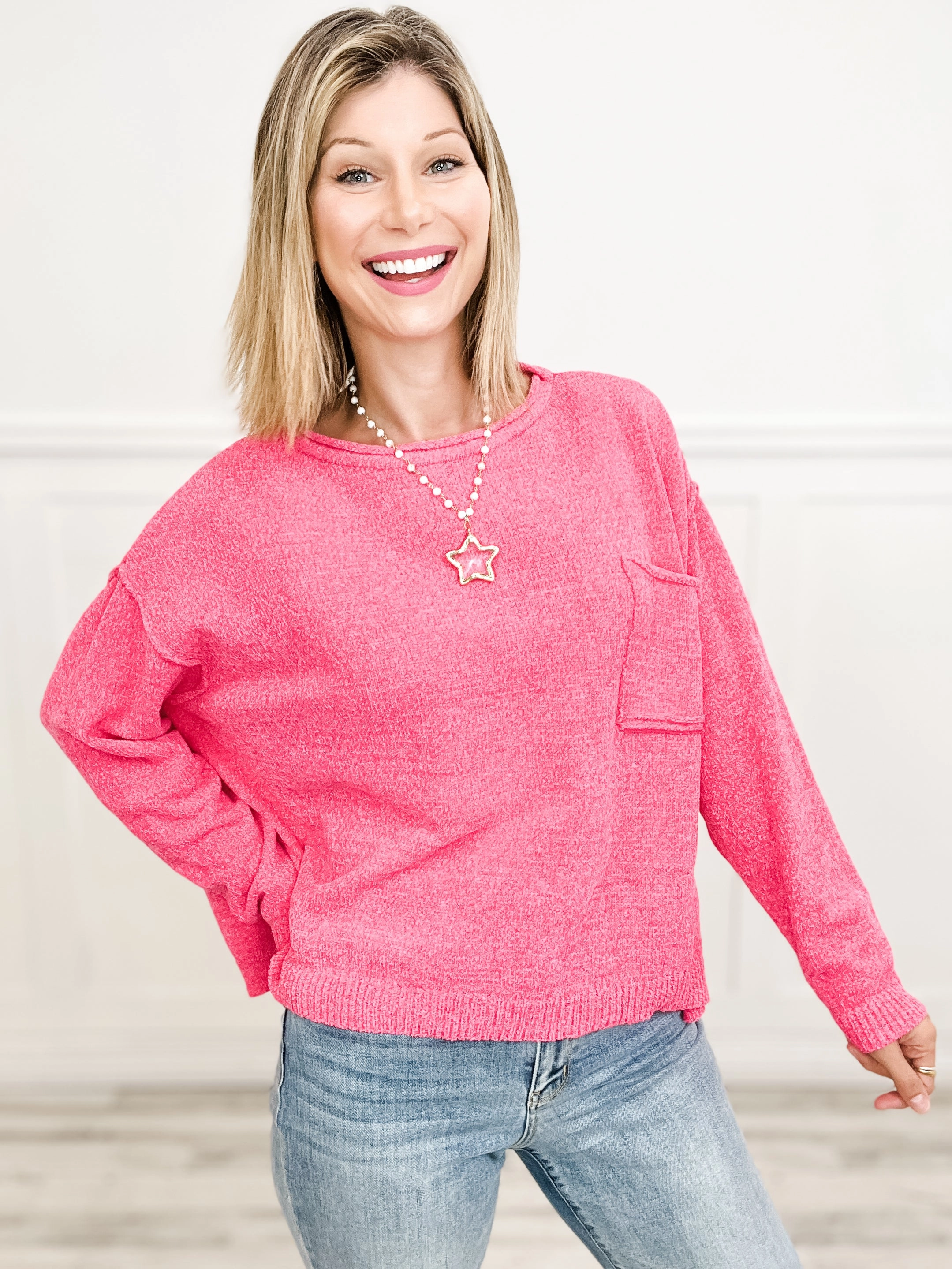 Knit Fabric Need Sweater Weather Long Sleeve Sweater with Side Slits and Front Pocket