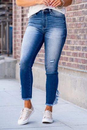 KanCan Jeans Savvy High Rise Split Fringe Ankle Skinny Medium Blue Wash Earthy Music Event Light Stretch