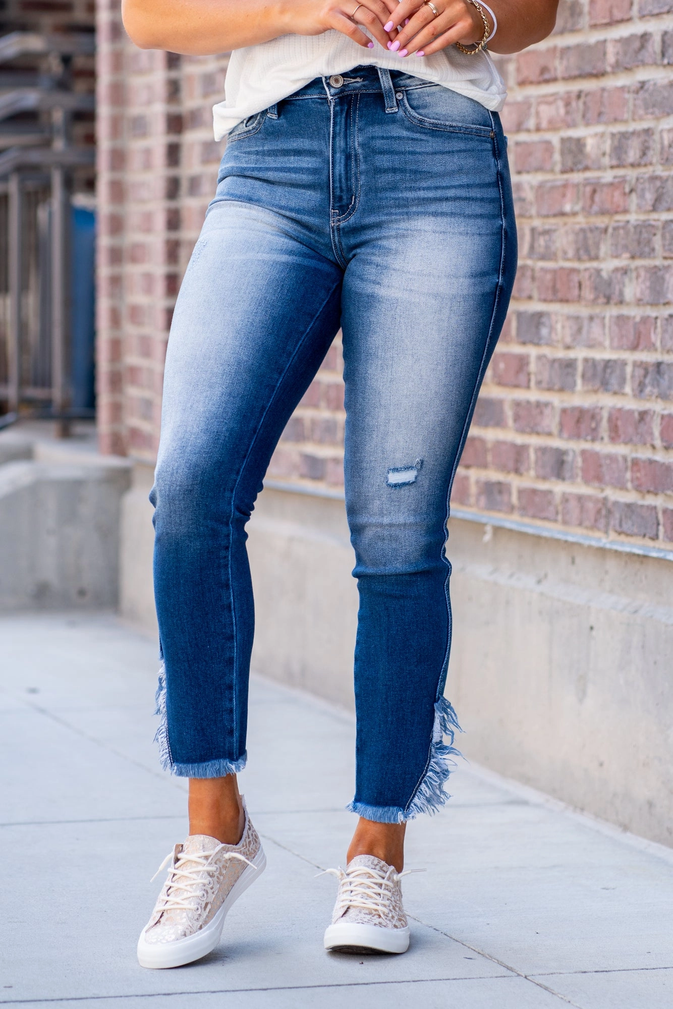 KanCan Jeans Savvy High Rise Split Fringe Ankle Skinny Medium Blue Wash Earthy Music Event Light Stretch