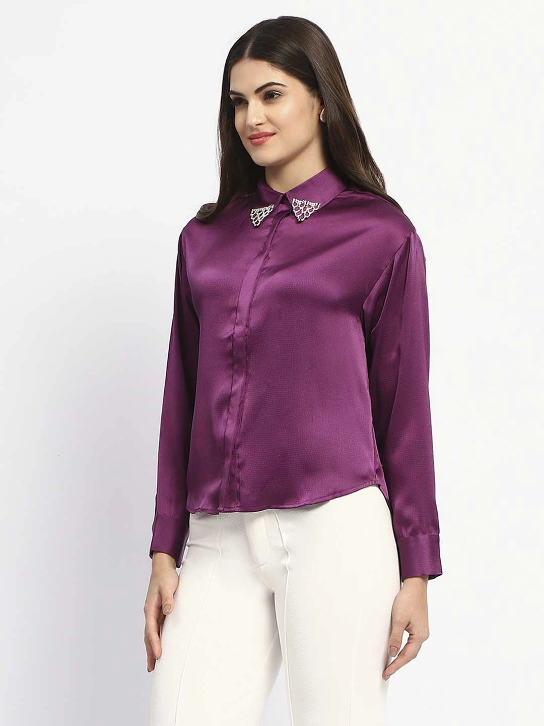 Madame Embellished Collar Cuff Sleeve Solid Purple Shirt Perfect Look Gym Appropriate
