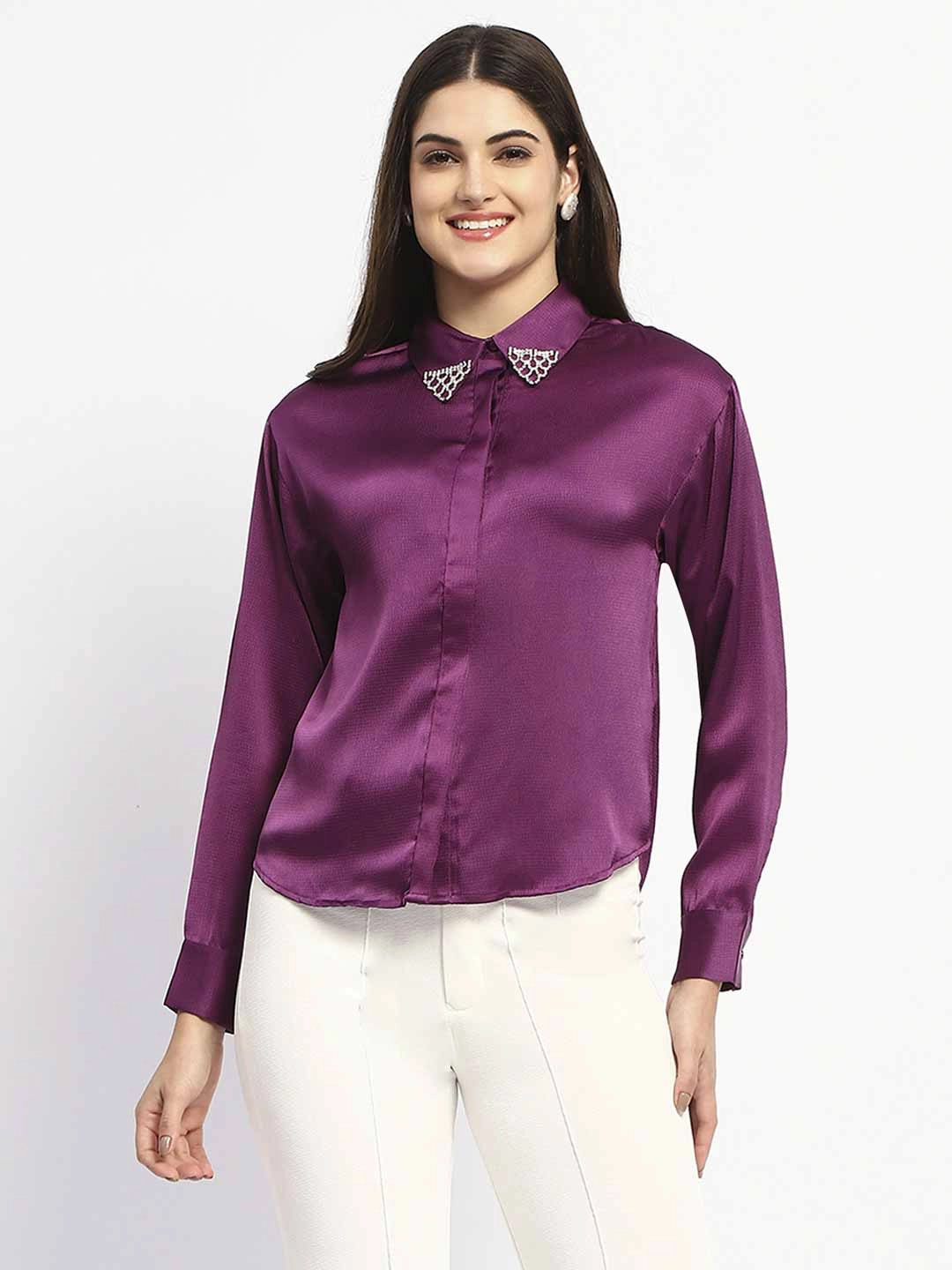 Madame Embellished Collar Cuff Sleeve Solid Purple Shirt Easy Care Material Daytime Look