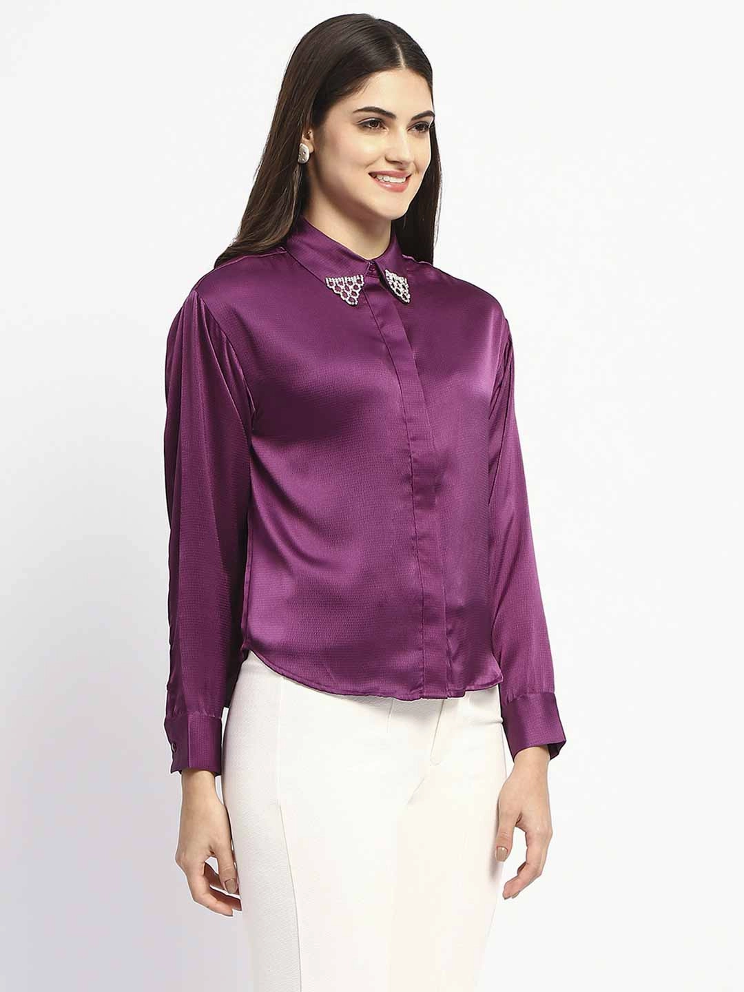 Madame Embellished Collar Cuff Sleeve Solid Purple Shirt Functional Wear