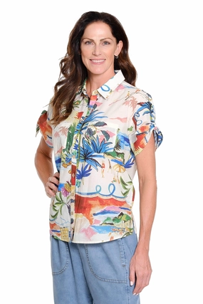 Vacation Print Tie Sleeve Camp Shirt - Multi BoxyCrop WaterRepellent Finish