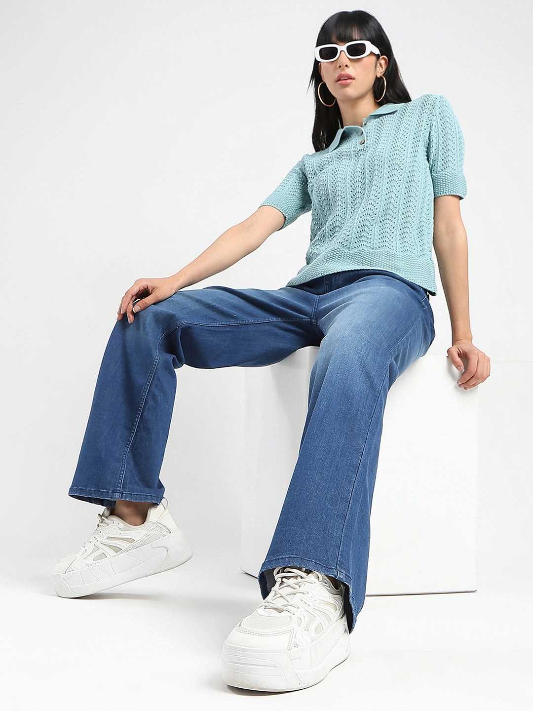 Madame Openwork Detail Textured Jade Green Cotton Knitted Top EcoFriendly Dye Process