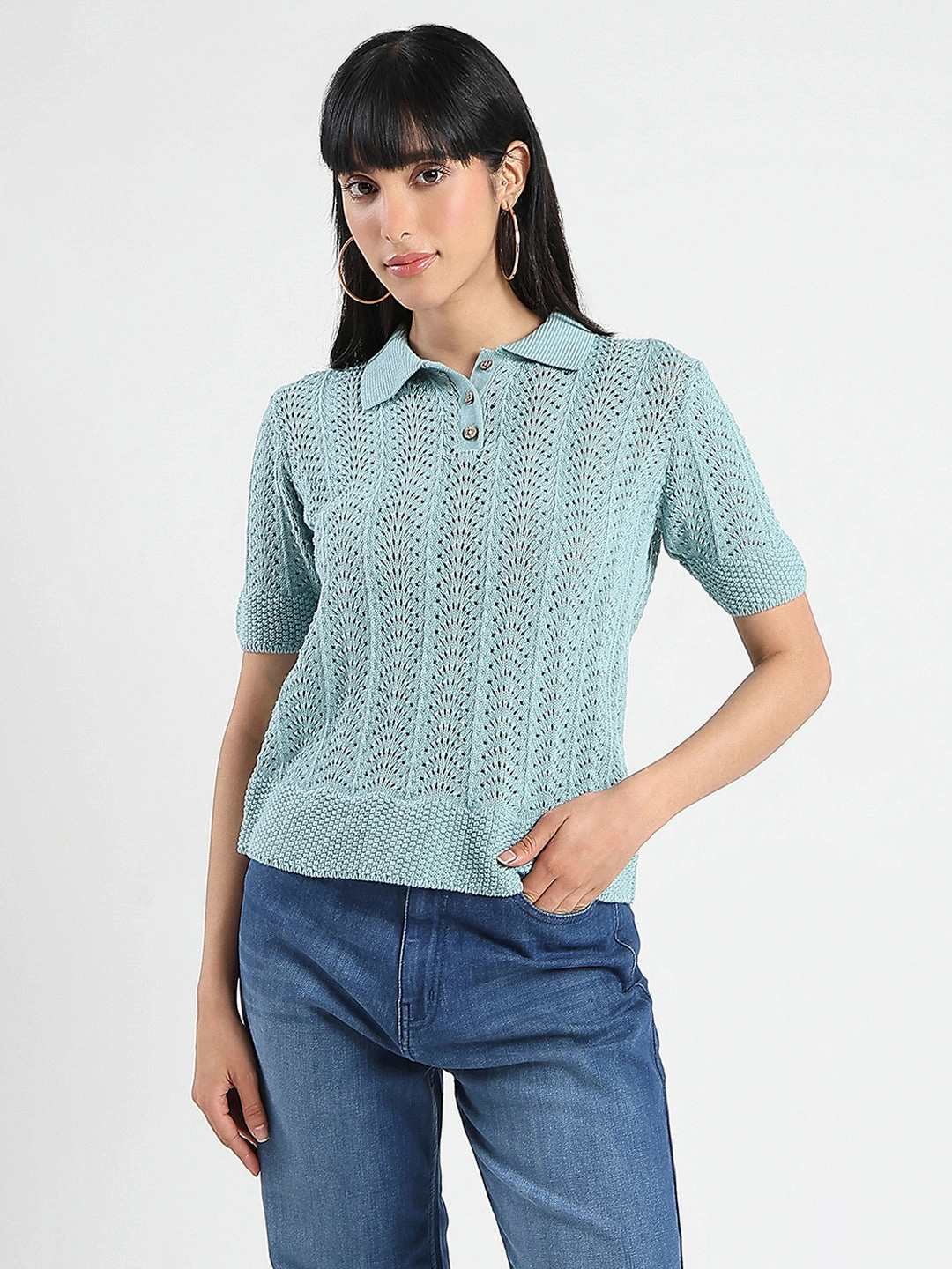 Madame Openwork Detail Textured Jade Green Cotton Knitted Top Reflective Trim Minimalist Detailing