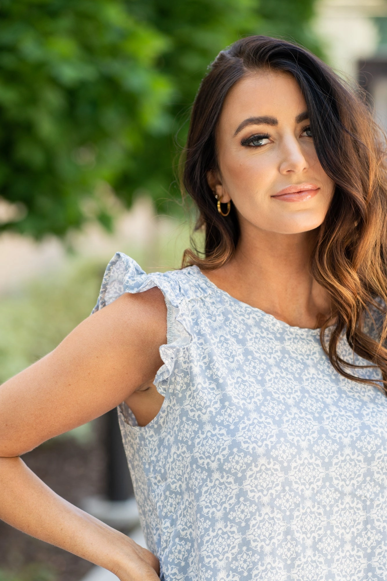 Riverton Sleeveless Ruffle Floral Top - Blue Street Style Odorless Binding Tape