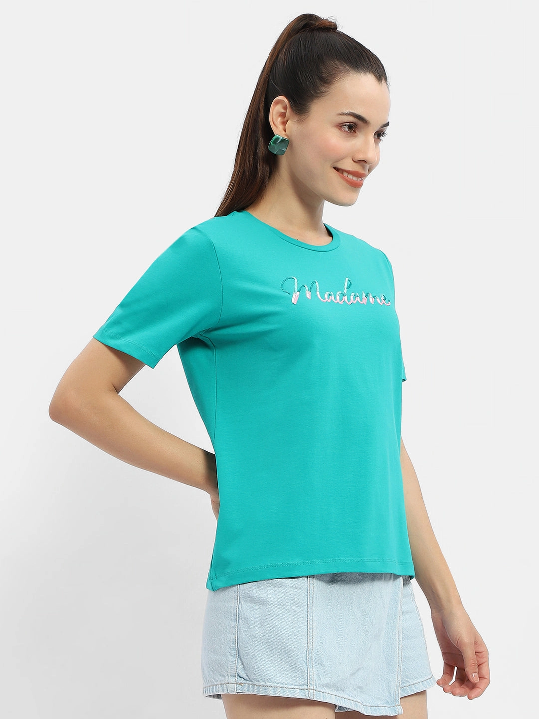 Compact Jacquard Weave Easy Wear Madame Typography Sea Green Crew Neck T-Shirt