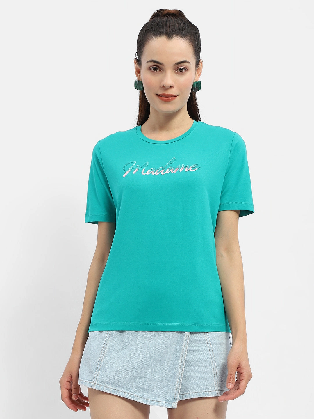 Madame Typography Sea Green Crew Neck T-Shirt Soft Brushed Finish HiddenStoragePocket