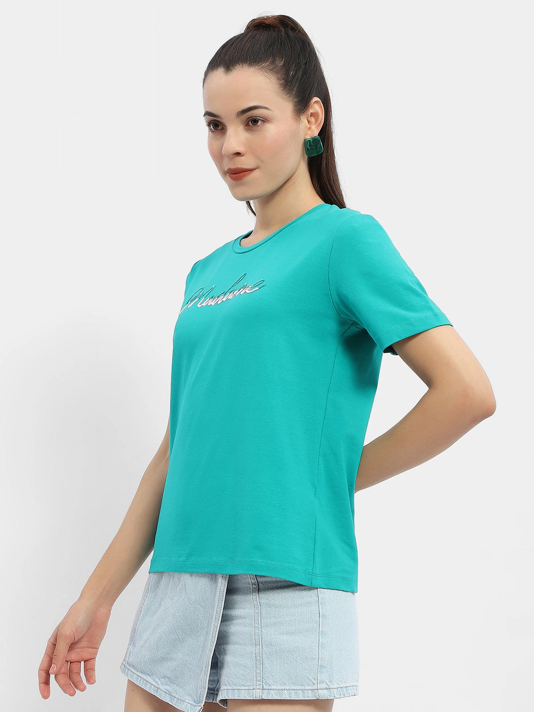 Madame Typography Sea Green Crew Neck T-Shirt Interlock Knit Hypoallergenic Textile