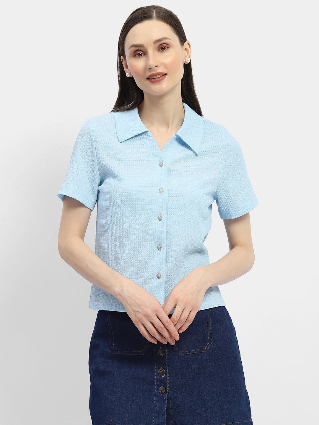 Madame Textured Sky Blue Half Sleeve Shirt Casual Sophistication Round Collar