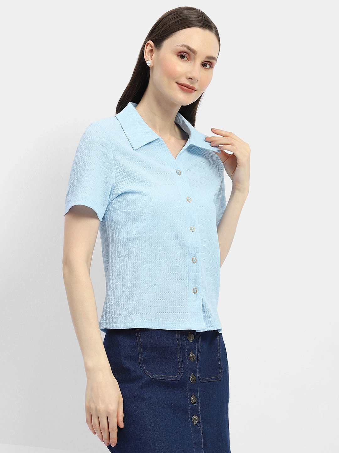 Simple Style Perfect Look Madame Textured Sky Blue Half Sleeve Shirt